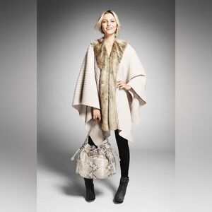 Nordstrom Rib Ruana Cream and Tan Cardigan with Fur Trim